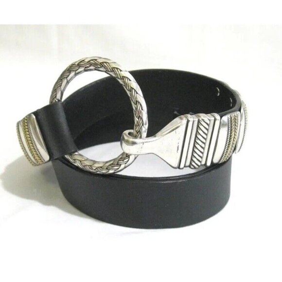 Chico's Western Silver Tone Concho Ring Hook Buckle M/L Black Leather Belt - Picture 2 of 16